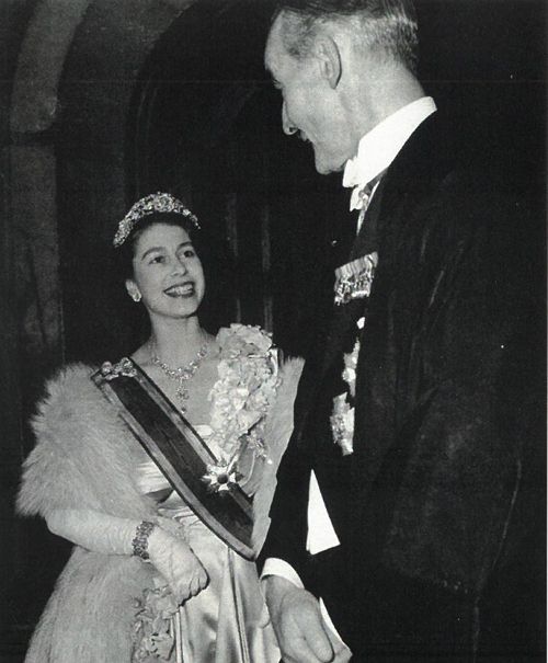 The Princess Elizabeth is greeted by Master Treasurer Henry MacGeagh, 22 November 1950
