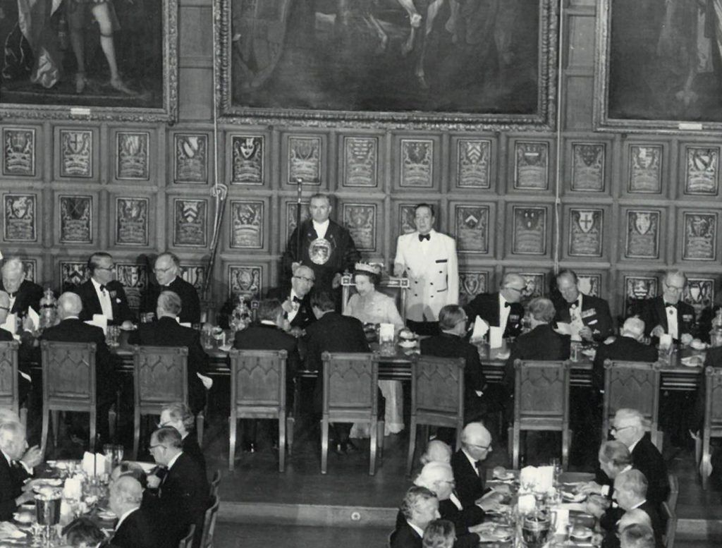 ‘Her Majesty the Queen attending a banquet in Hall for the Octocentenary of Temple Church, February 1985’