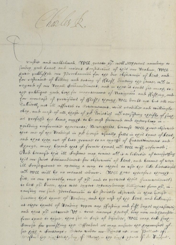 ‘Letter from King Charles I concerning the observation of Lent, 18 March 1631’