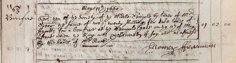‘Receipt for two loads of faggots for a bonfire at the Temple Gate when the King was proclaimed, May 1660’
