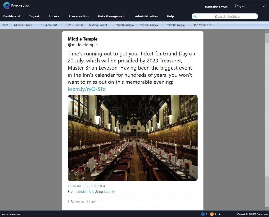 'A Tweet from Middle Temple captured in Preservica'